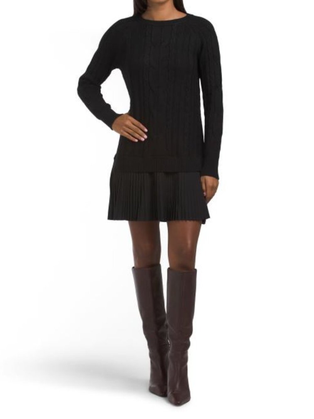 LONDON TIMES Twofer Cable Knit And Pleated Hem Mini Dress